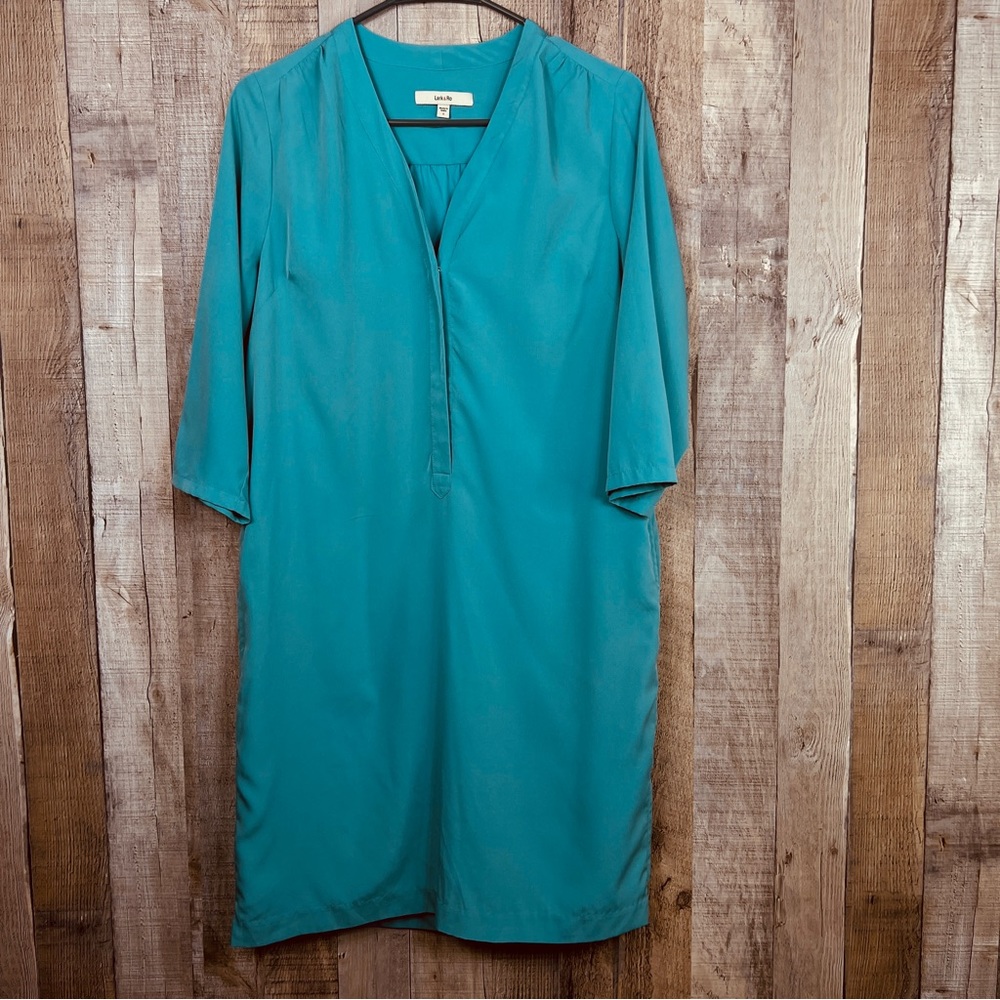 Lark & Ro Small 3/4 Sleeve 1/2 Snap Pullover Lined Turquoise Dress w/V-N…